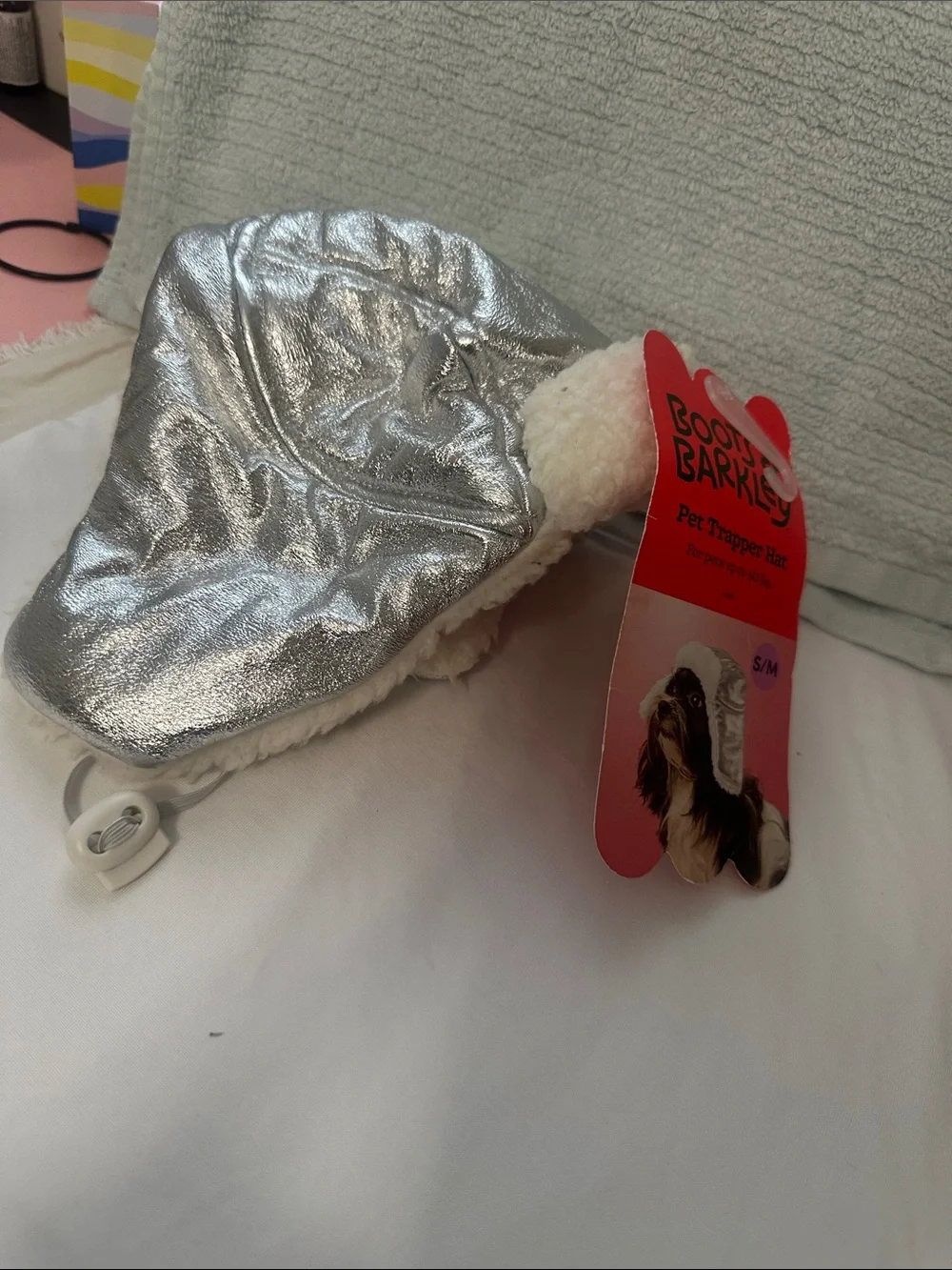 Silver Faux-Sherpa Pet Trapper Hat NWT by Boots & Barkley fits up to 40 lbs